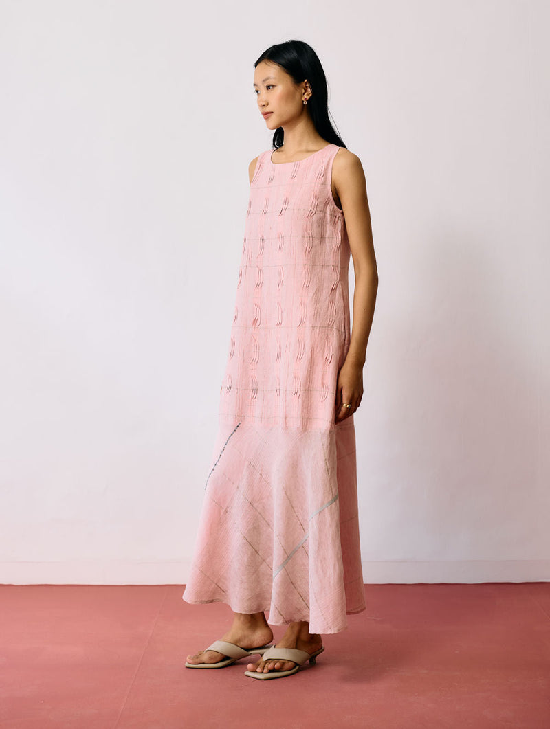 Dana Pintuck & Pleat Sleeveless Dress-Pink linen dress by Manan in pink for women in Singapore