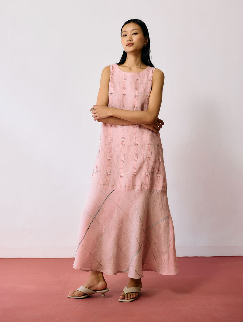 Dana Pintuck & Pleat Sleeveless Dress-Pink linen dress by Manan in pink for women in Singapore