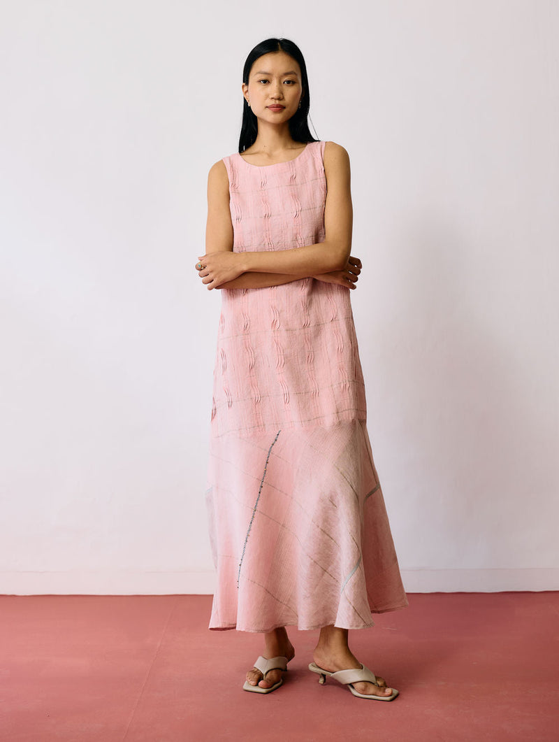 Dana Pintuck & Pleat Sleeveless Dress-Pink linen dress by Manan in pink for women in Singapore