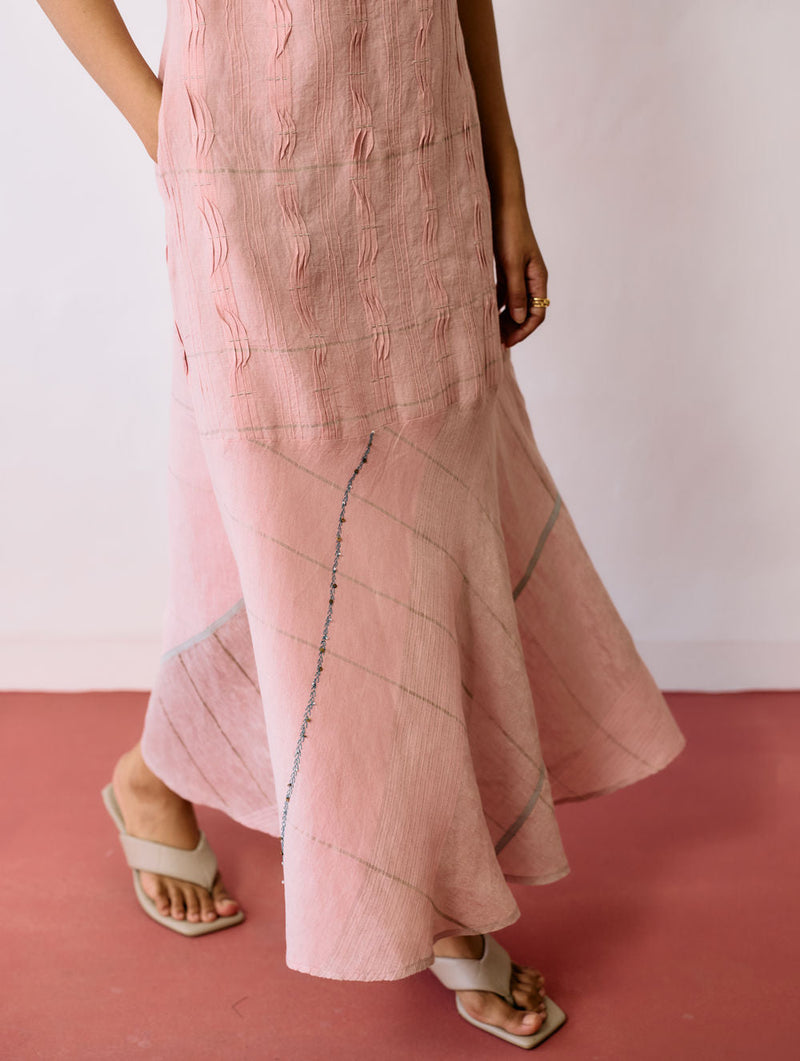Dana Pintuck & Pleat Sleeveless Dress-Pink linen dress by Manan in pink for women in Singapore