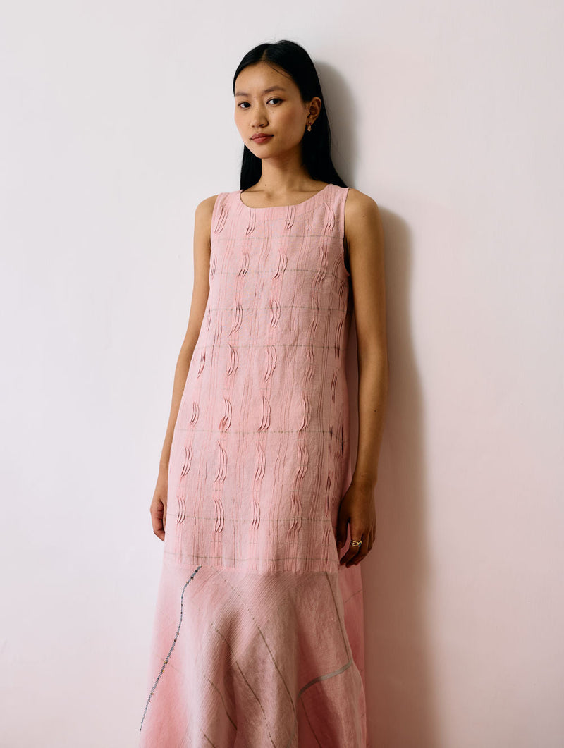 Dana Pintuck & Pleat Sleeveless Dress-Pink linen dress by Manan in pink for women in Singapore