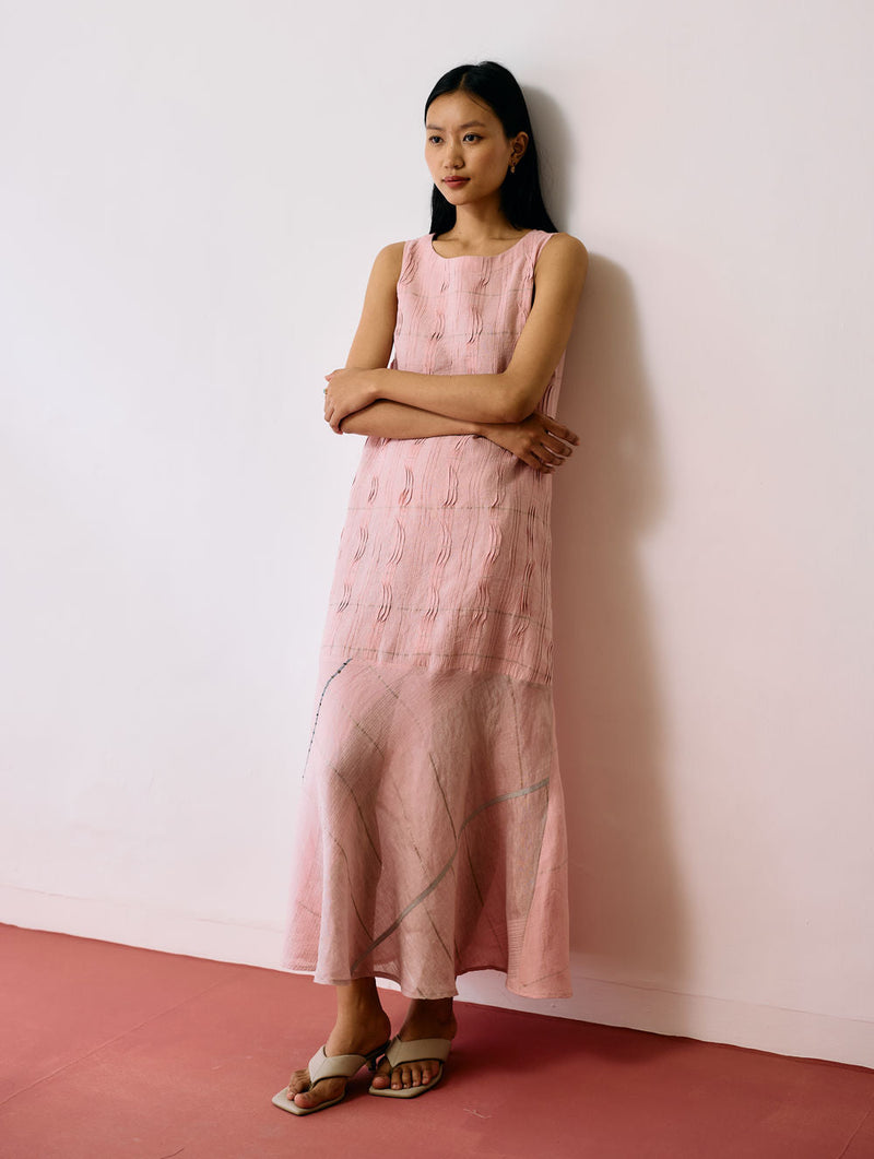 Dana Pintuck & Pleat Sleeveless Co-ord-Pink linen co-ord set by Manan in pink for women in Singapore