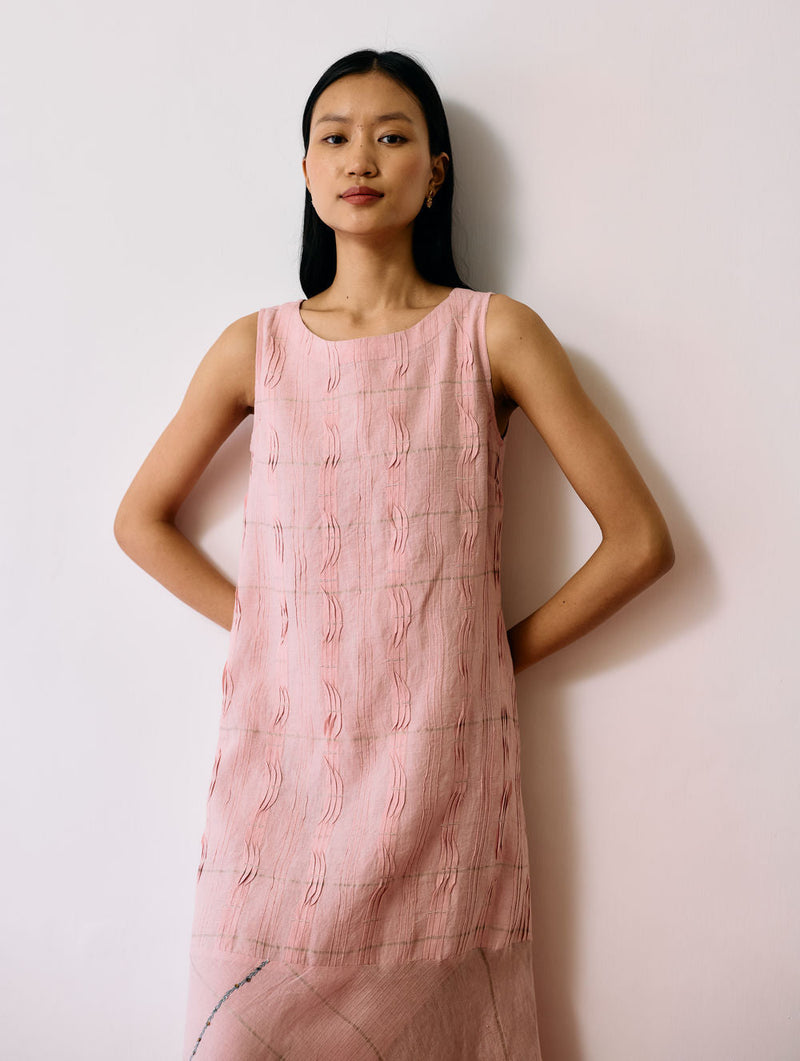 Dana Pintuck & Pleat Sleeveless Dress-Pink linen dress by Manan in pink for women in Singapore