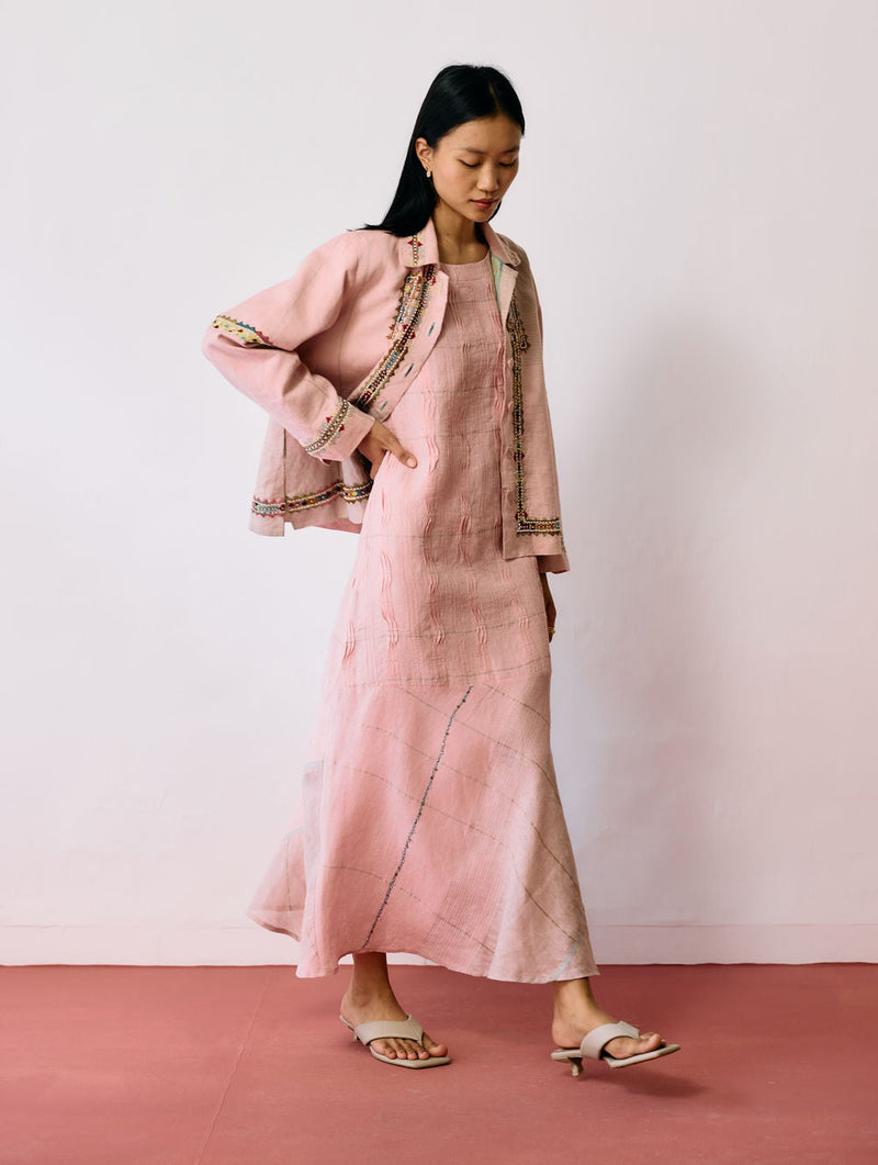 Zuri Hand-Embroidered Metallic Jacket-Pink linen jacket/overlay by Manan in pink for women in Singapore