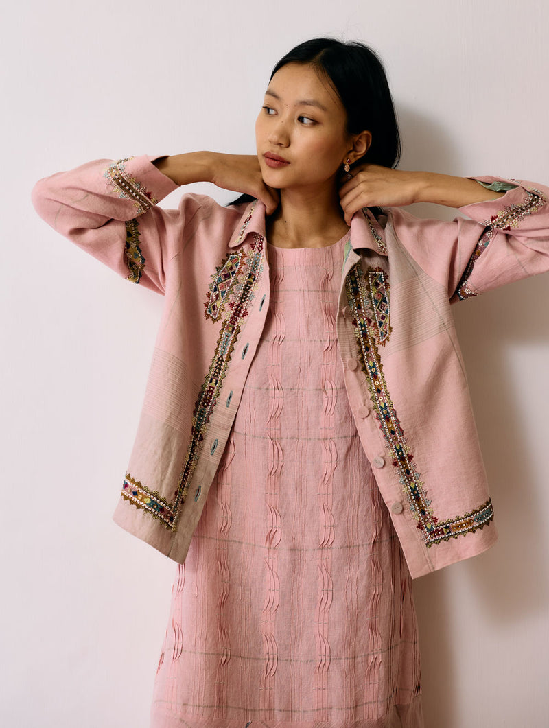 Dana Pintuck & Pleat Sleeveless Co-ord-Pink linen co-ord set by Manan in pink for women in Singapore