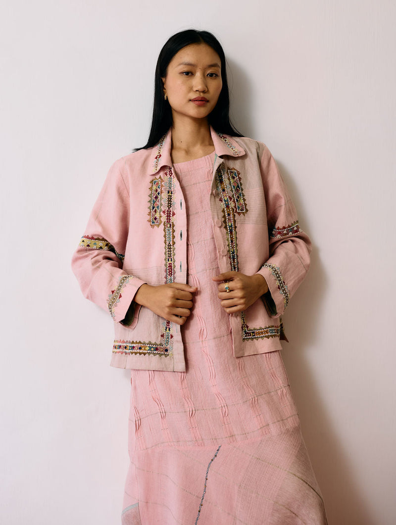 Zuri Hand-Embroidered Metallic Jacket-Pink linen jacket/overlay by Manan in pink for women in Singapore
