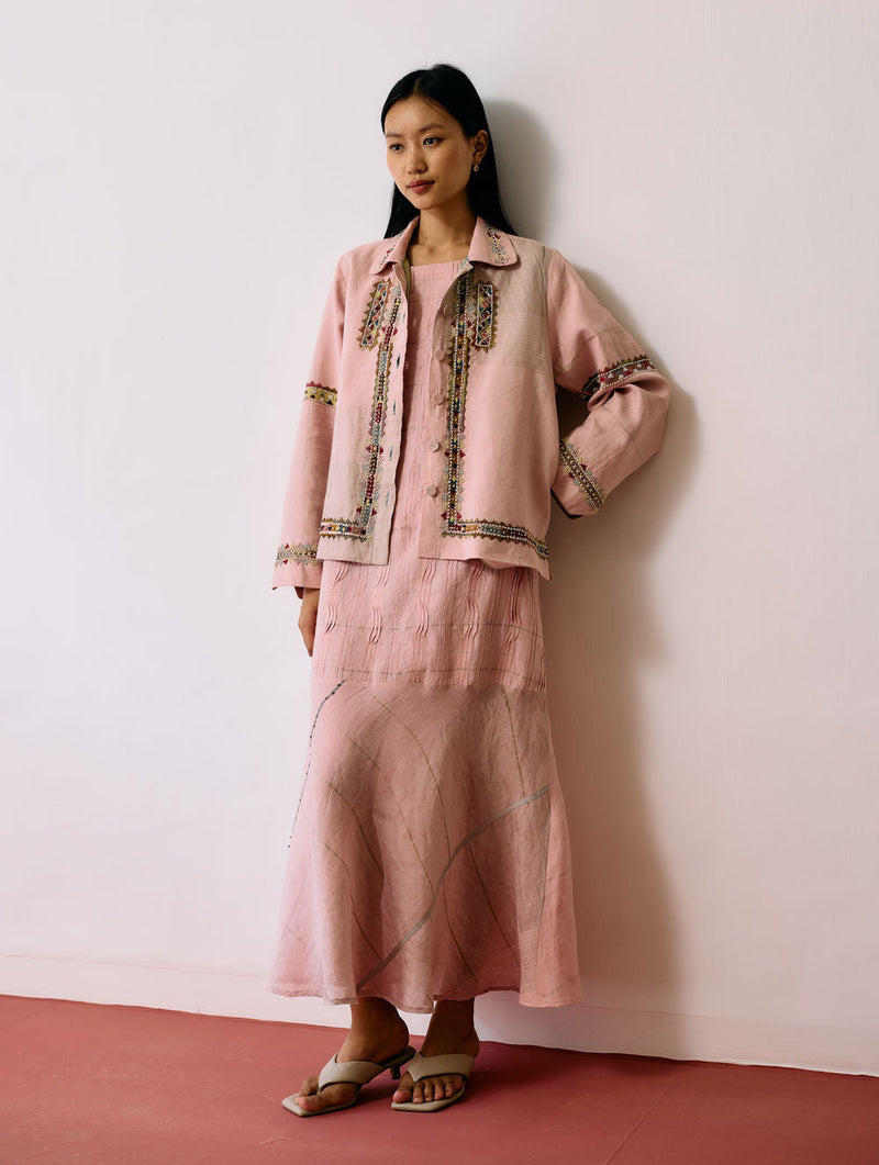 Dana Pintuck & Pleat Sleeveless Co-ord-Pink linen co-ord set by Manan in pink for women in Singapore