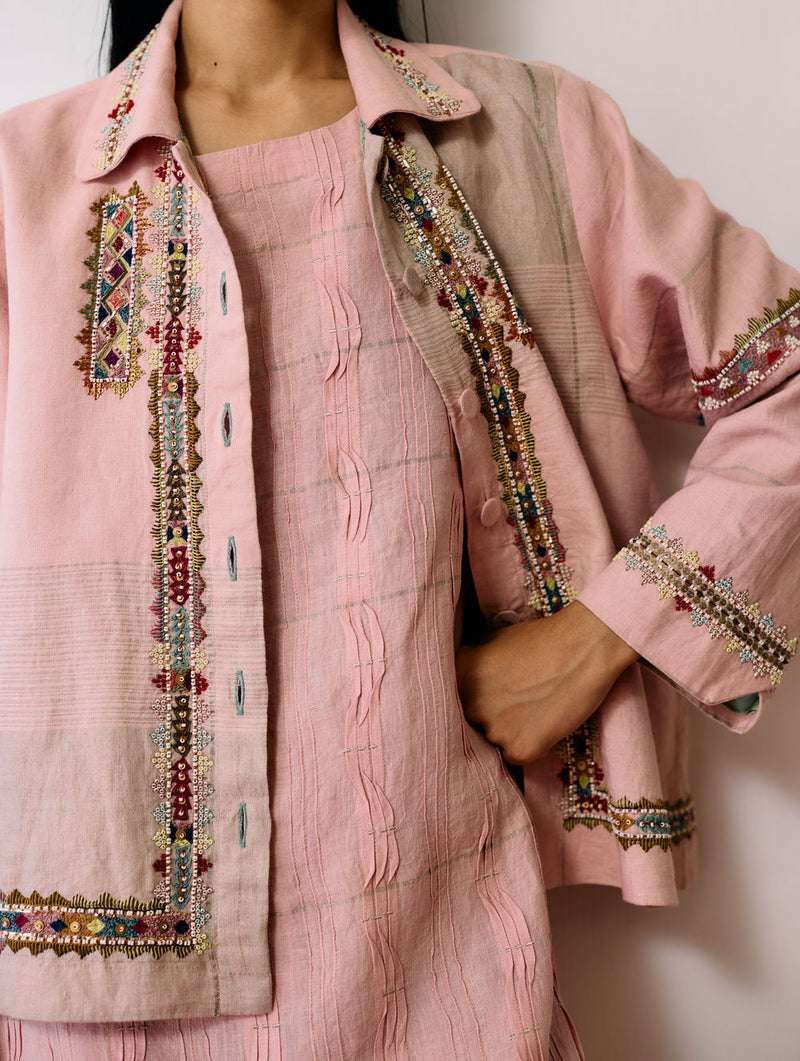 Dana Pintuck & Pleat Sleeveless Co-ord-Pink linen co-ord set by Manan in pink for women in Singapore