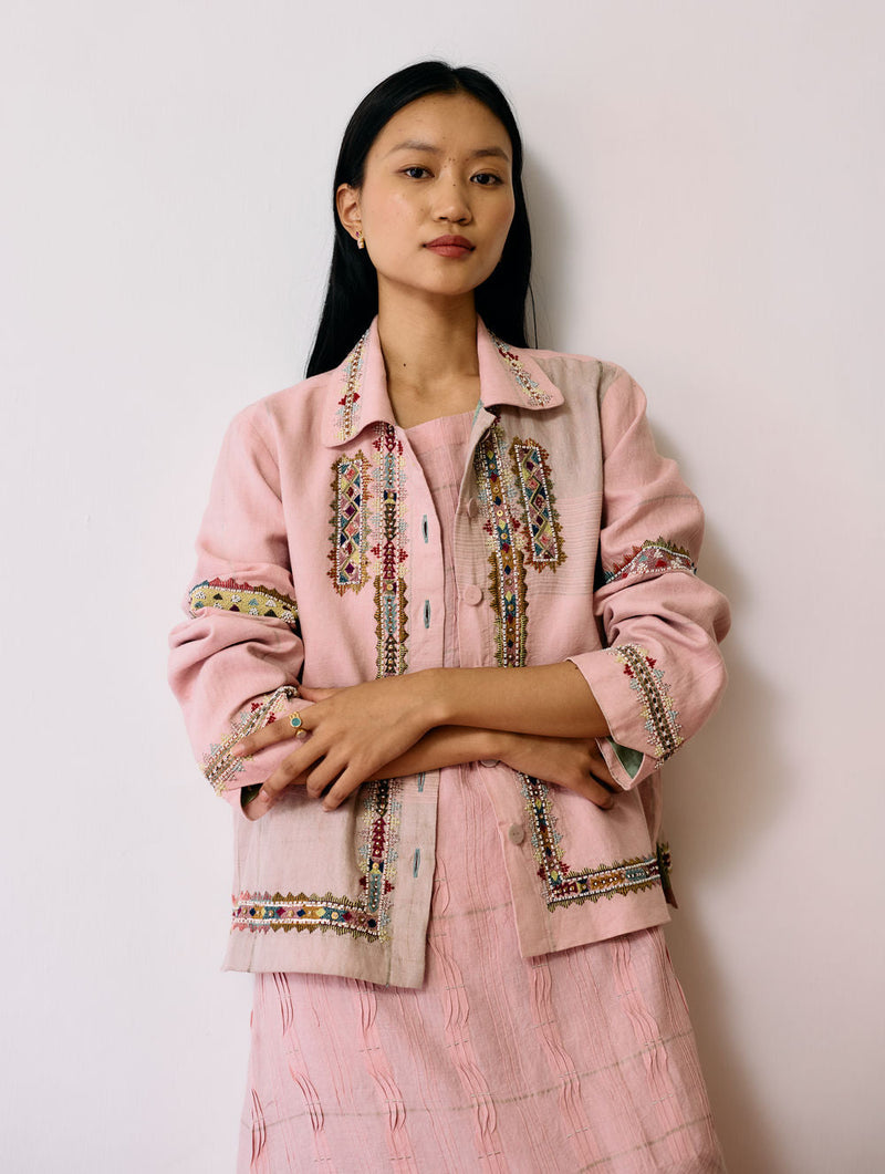 Dana Pintuck & Pleat Sleeveless Co-ord-Pink linen co-ord set by Manan in pink for women in Singapore