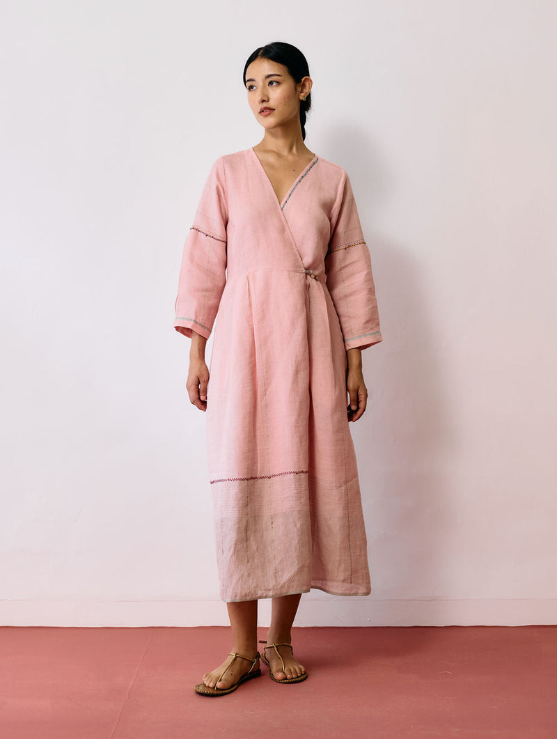 Raya Metallic Linen Wrap dress-Pink linen dress by Manan in pink for women in Singapore