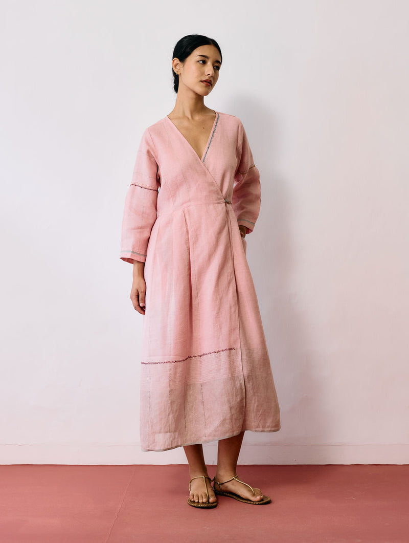 Raya Metallic Linen Wrap dress-Pink linen dress by Manan in pink for women in Singapore