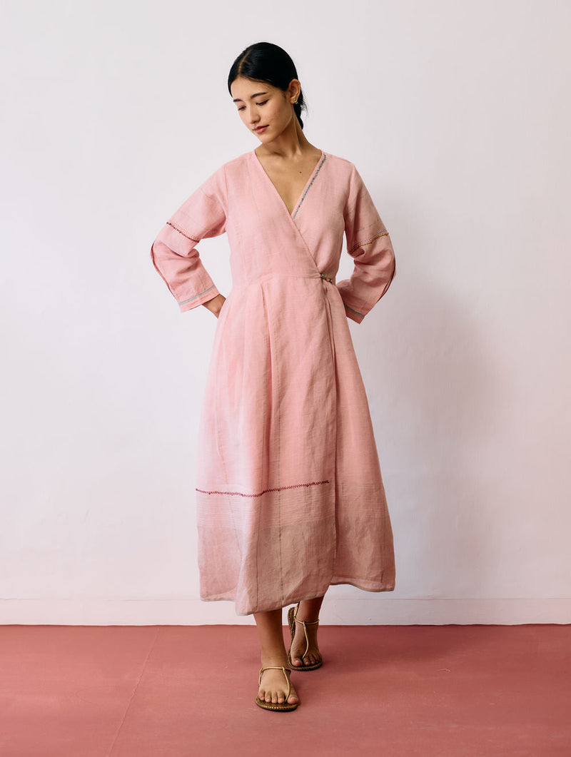Raya Metallic Linen Wrap dress-Pink linen dress by Manan in pink for women in Singapore