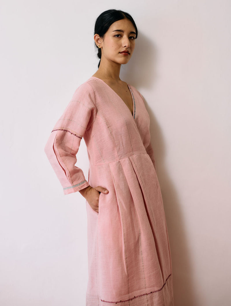 Raya Metallic Linen Wrap dress-Pink linen dress by Manan in pink for women in Singapore