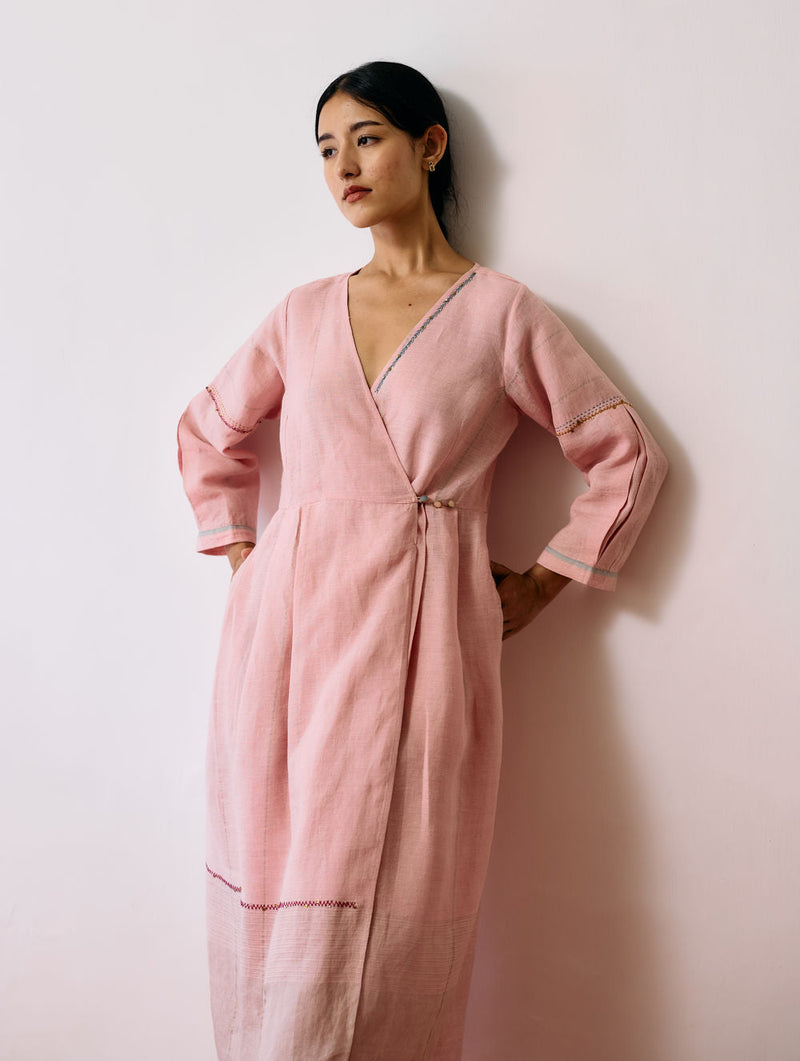 Raya Metallic Linen Wrap dress-Pink linen dress by Manan in pink for women in Singapore