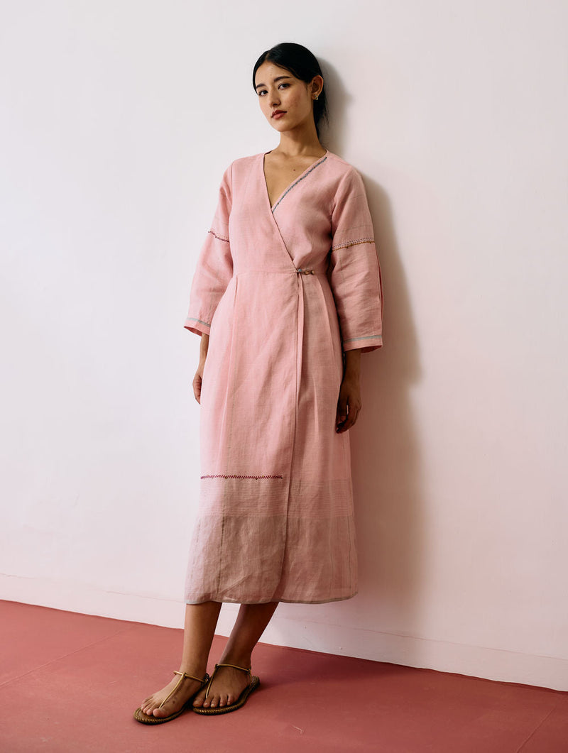 Raya Metallic Linen Wrap dress-Pink linen dress by Manan in pink for women in Singapore