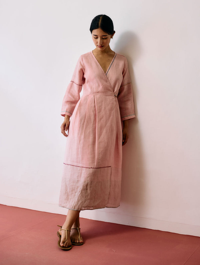 Raya Metallic Linen Wrap dress-Pink linen dress by Manan in pink for women in Singapore