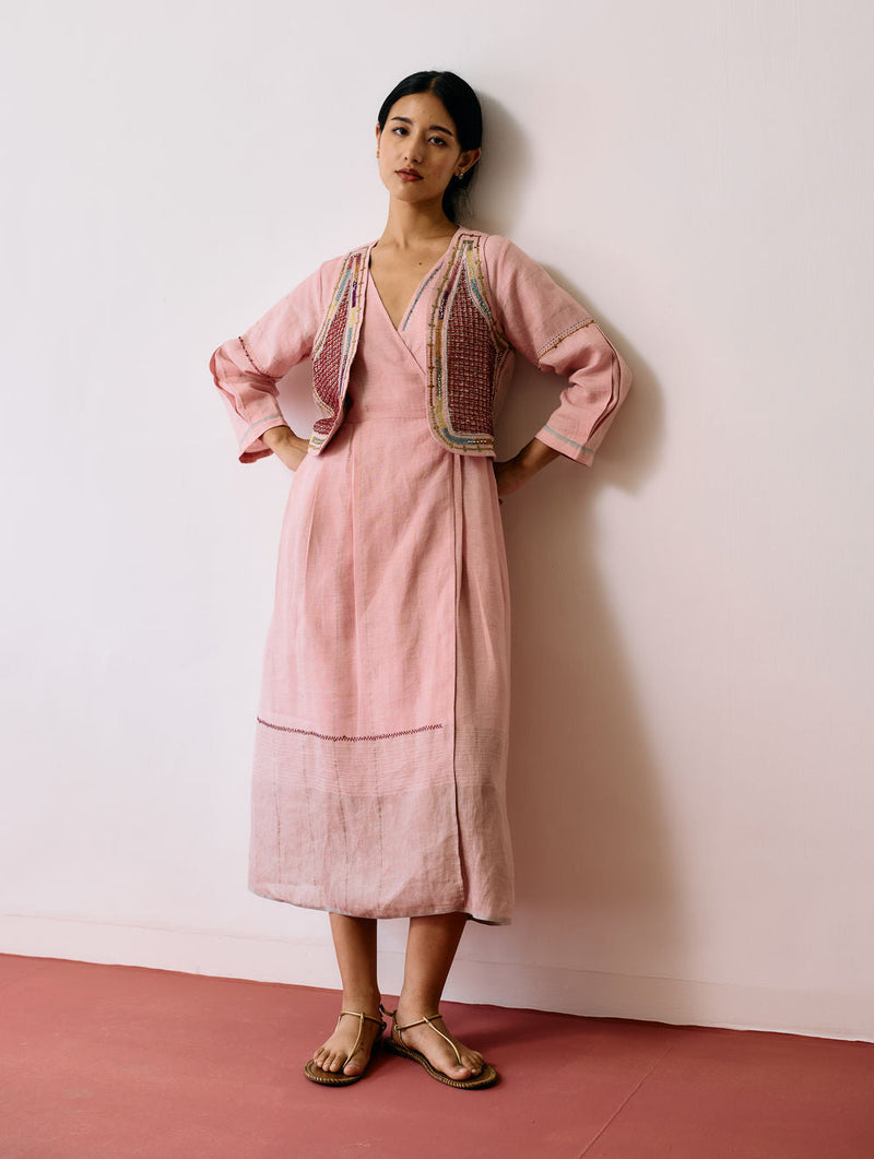 Raya Metallic Linen Wrap Dress with Jacket-Pink linen co-ord set by Manan in pink for women in Singapore