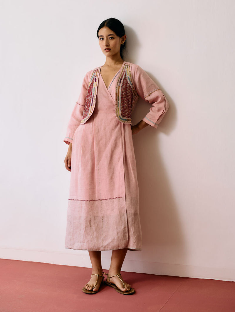 Raya Metallic Linen Wrap Dress with Jacket-Pink linen co-ord set by Manan in pink for women in Singapore