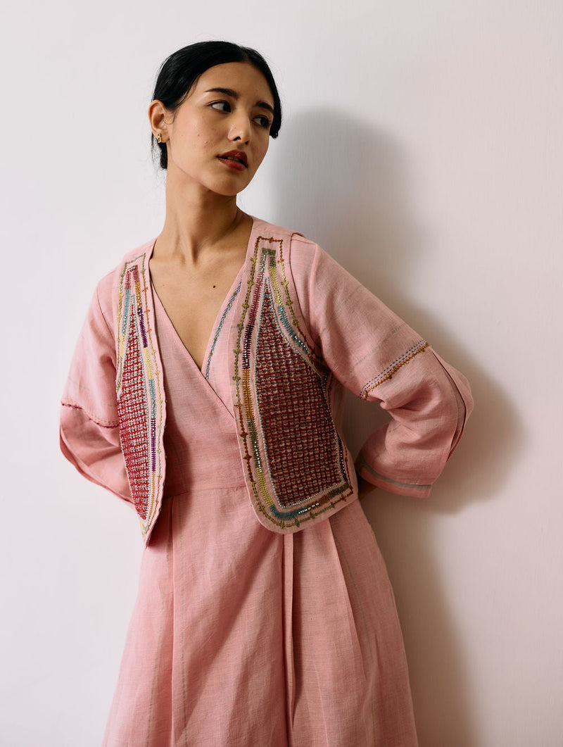 Raya Metallic Linen Wrap Dress with Jacket-Pink linen co-ord set by Manan in pink for women in Singapore