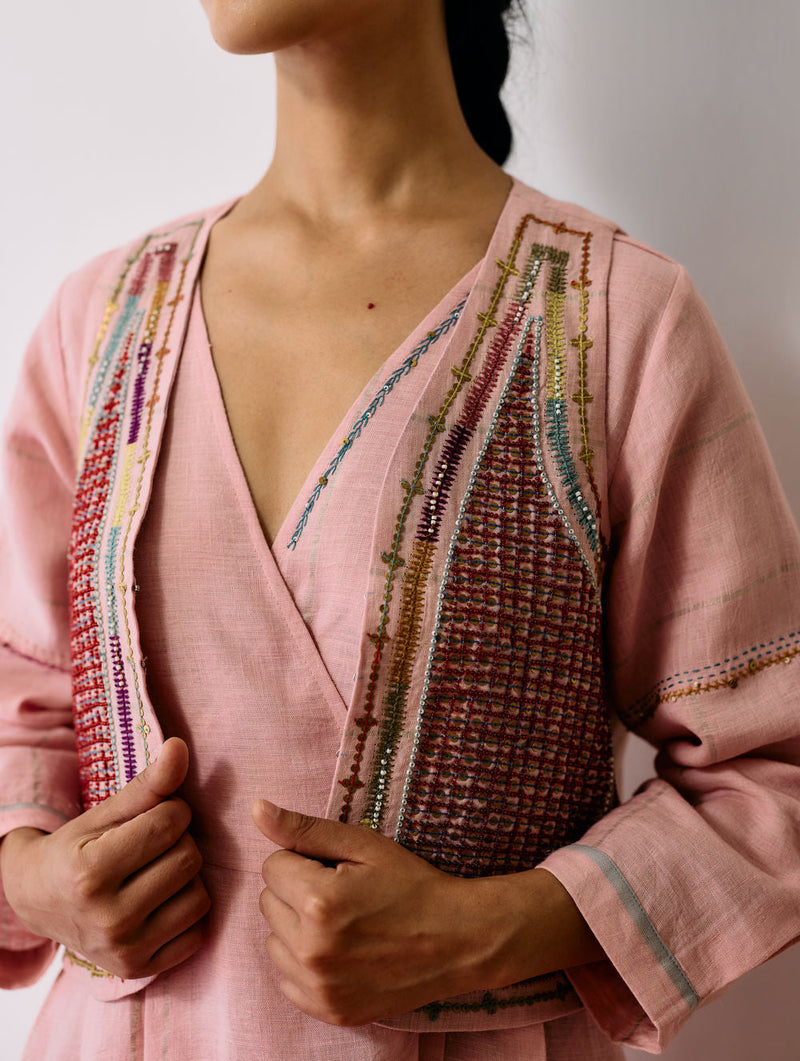 Raya Metallic Linen Wrap Dress with Jacket-Pink linen co-ord set by Manan in pink for women in Singapore