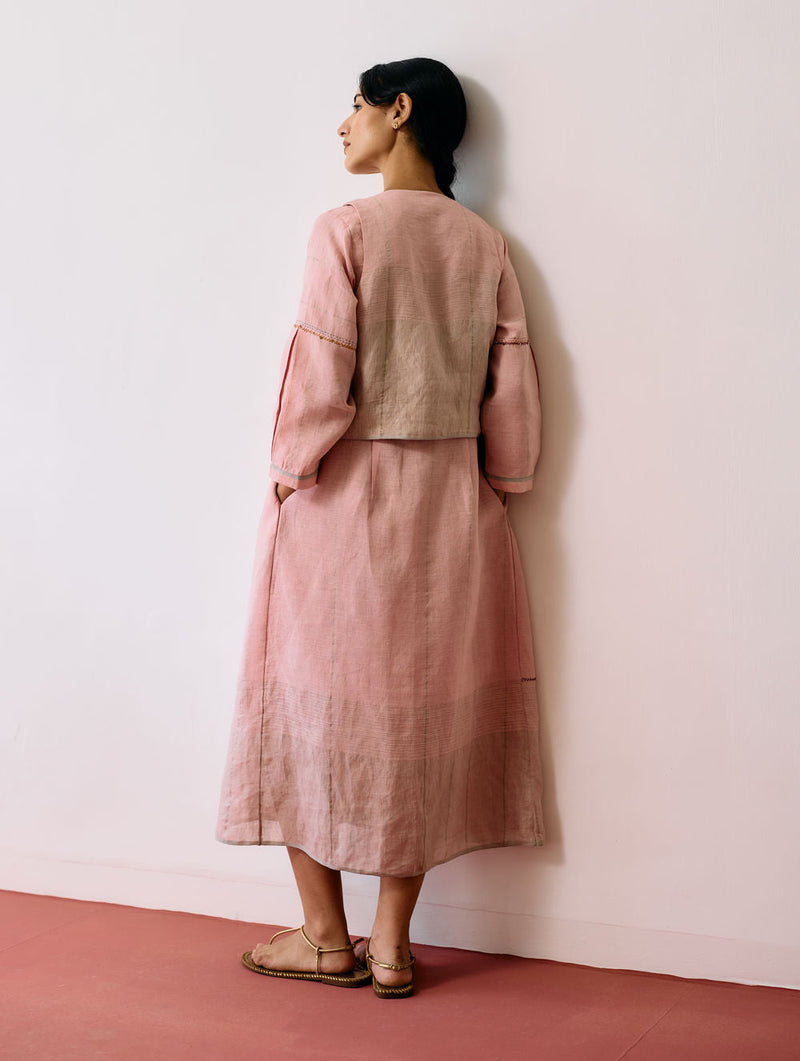 Raya Metallic Linen Wrap Dress with Jacket-Pink linen co-ord set by Manan in pink for women in Singapore