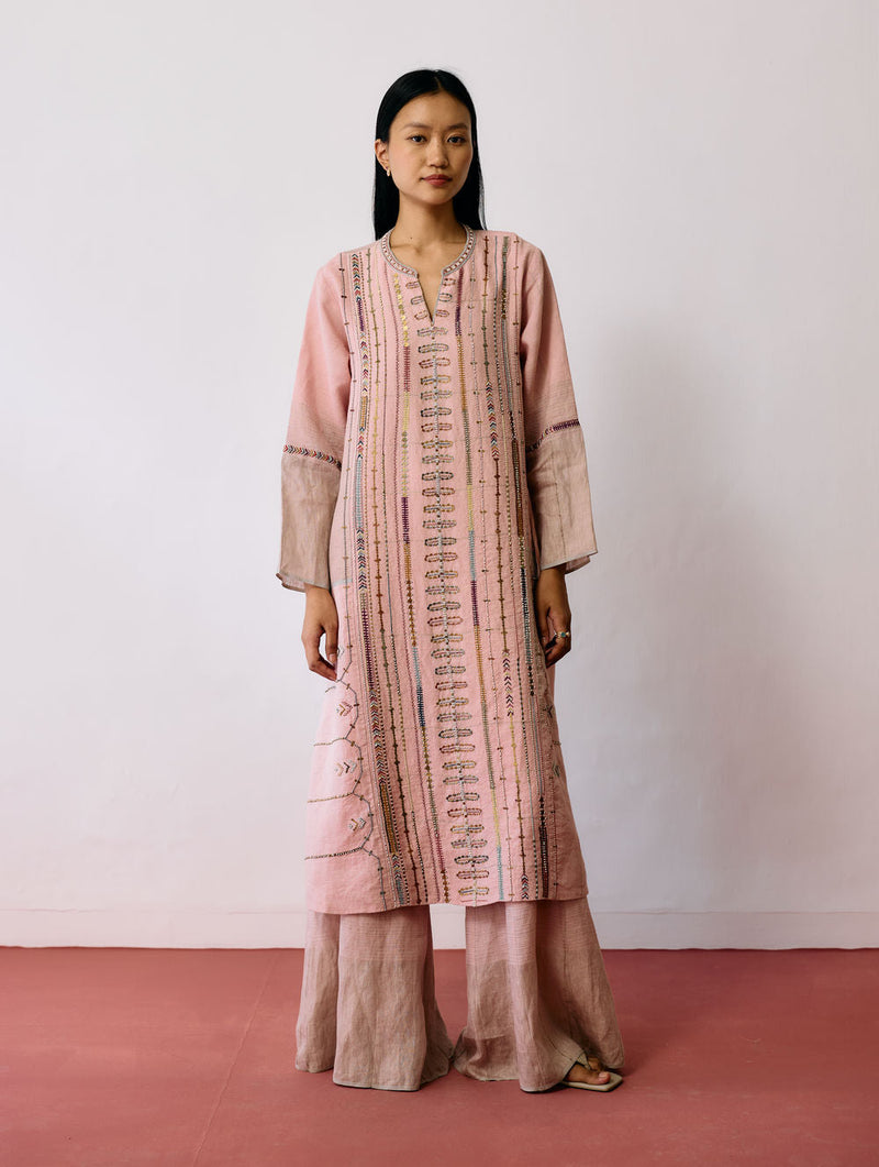 Aicha Hand-Embroidered Panelled Kurta-Pink linen kurta/kurta set by Manan in pink for women in Singapore