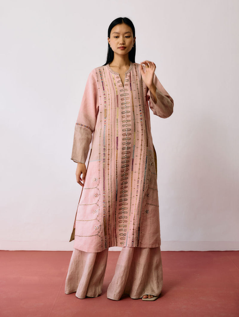 Aicha Hand-Embroidered Panelled Kurta-Pink linen kurta/kurta set by Manan in pink for women in Singapore