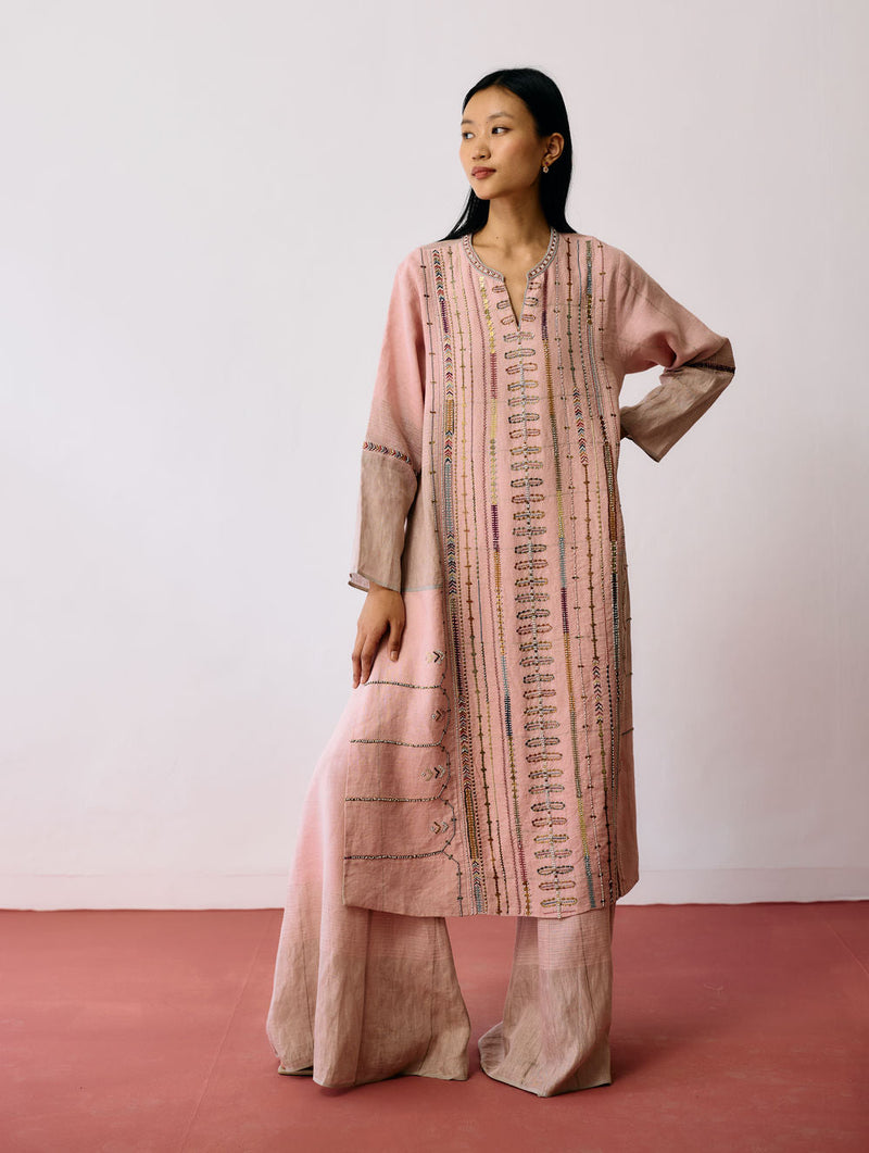 Aicha Hand-Embroidered Panelled Kurta-Pink linen kurta/kurta set by Manan in pink for women in Singapore