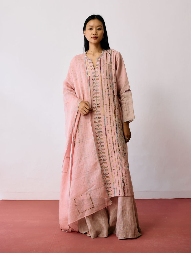 Aicha Hand-Embroidered Panelled Kurta-Pink linen kurta/kurta set by Manan in pink for women in Singapore