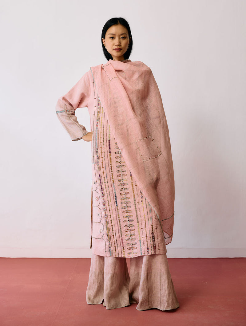 Mora Hand-Embroidered Metallic Linen Dupatta-Pink linen dupatta by Manan in pink for women in Singapore