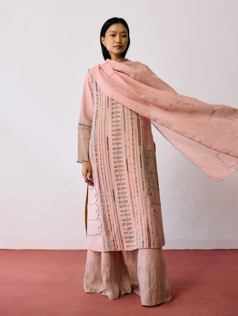 Mora Hand-Embroidered Metallic Linen Dupatta-Pink linen dupatta by Manan in pink for women in Singapore