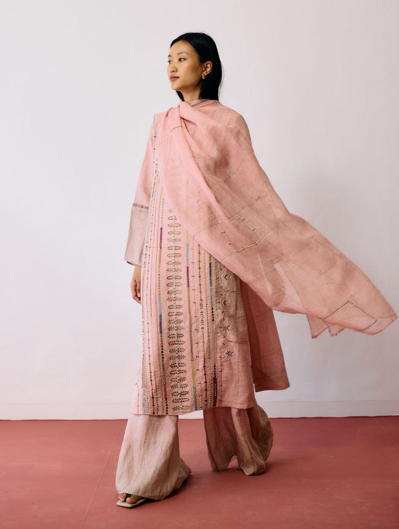 Aicha Hand-Embroidered Panelled Kurta Set-Pink linen kurta/kurta set by Manan in pink for women in Singapore
