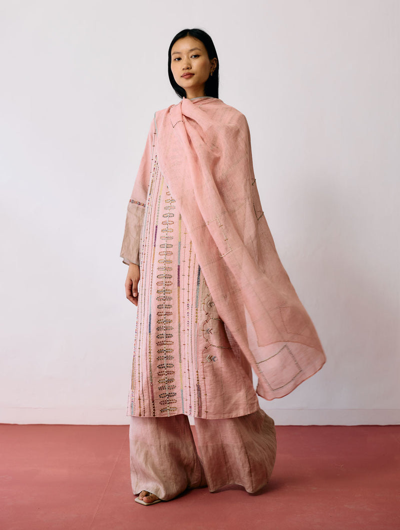 Mora Hand-Embroidered Metallic Linen Dupatta-Pink linen dupatta by Manan in pink for women in Singapore