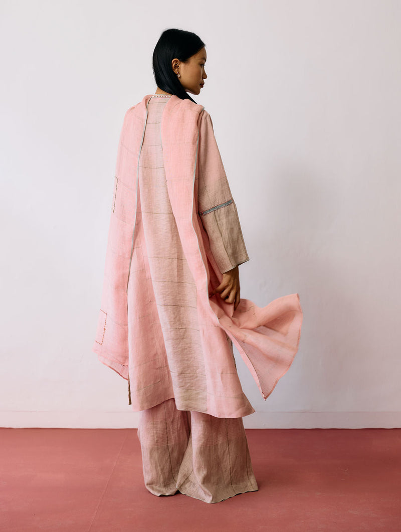 Aicha Hand-Embroidered Panelled Kurta Set-Pink linen kurta/kurta set by Manan in pink for women in Singapore