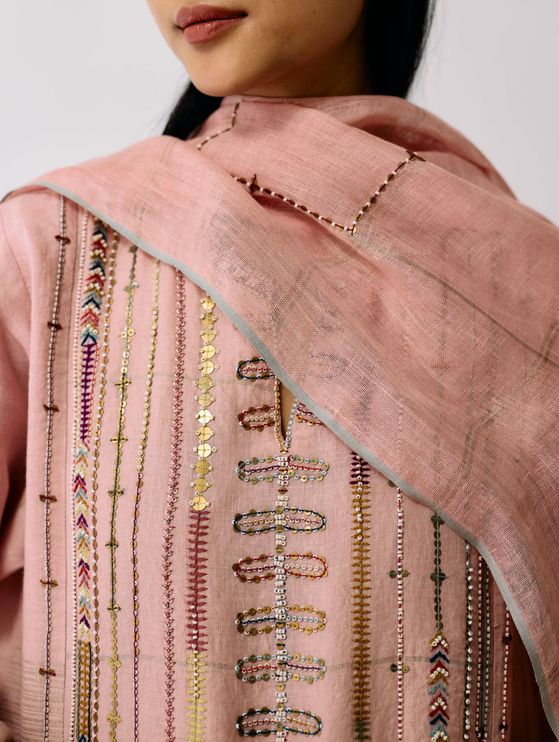 Mora Hand-Embroidered Metallic Linen Dupatta-Pink linen dupatta by Manan in pink for women in Singapore