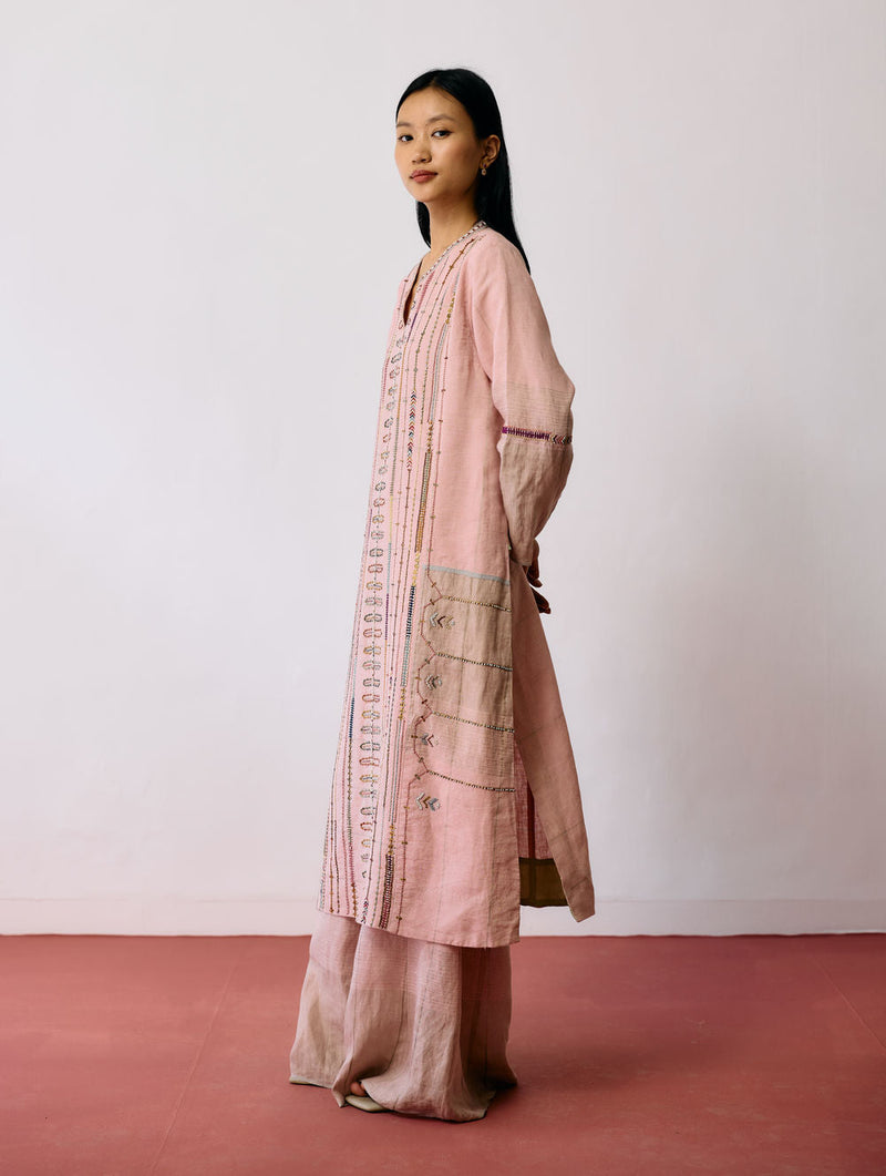 Aicha Hand-Embroidered Panelled Kurta Set-Pink linen kurta/kurta set by Manan in pink for women in Singapore