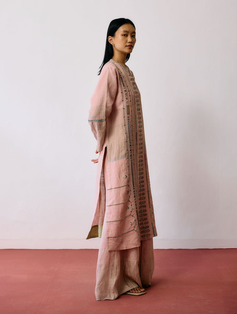 Aicha Hand-Embroidered Panelled Kurta Set-Pink linen kurta/kurta set by Manan in pink for women in Singapore