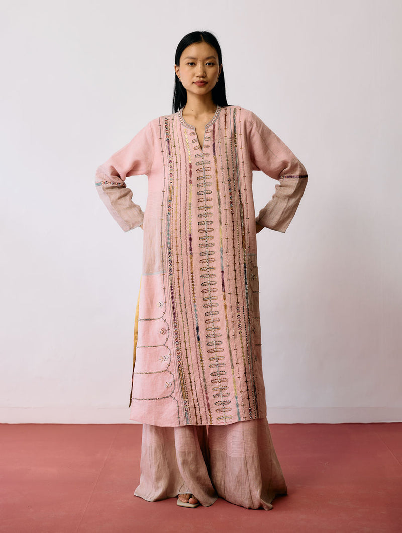 Aicha Hand-Embroidered Panelled Kurta Set-Pink linen kurta/kurta set by Manan in pink for women in Singapore