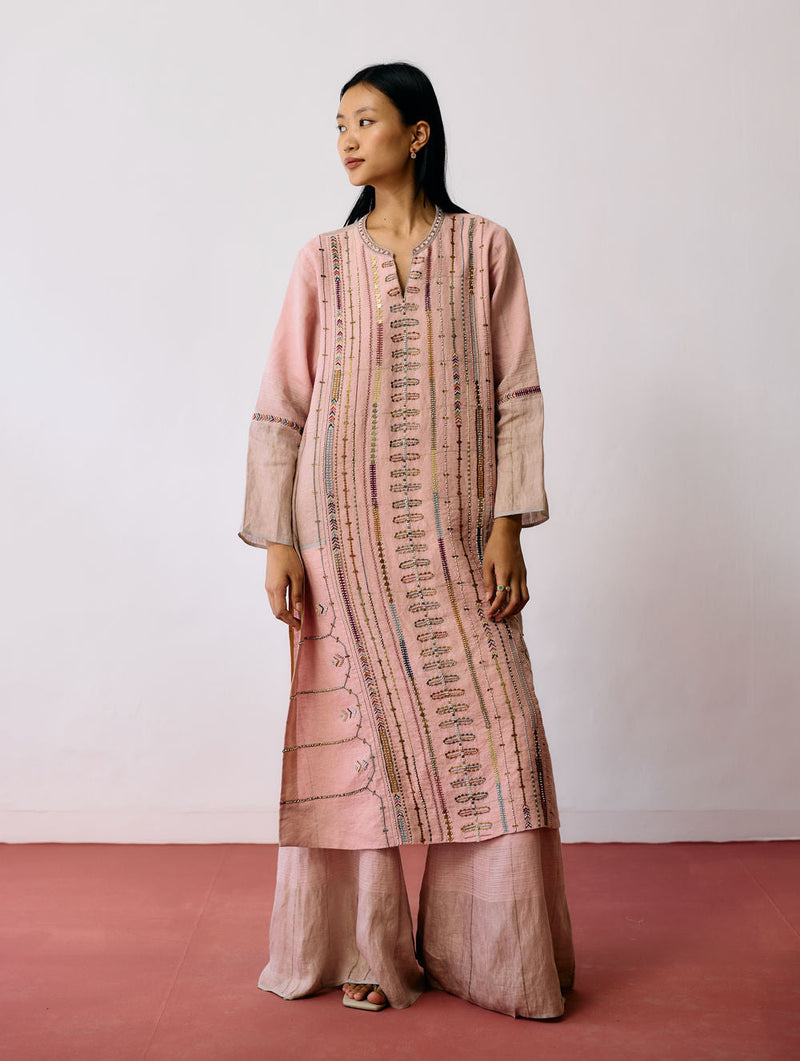 Aicha Hand-Embroidered Panelled Kurta-Pink linen kurta/kurta set by Manan in pink for women in Singapore