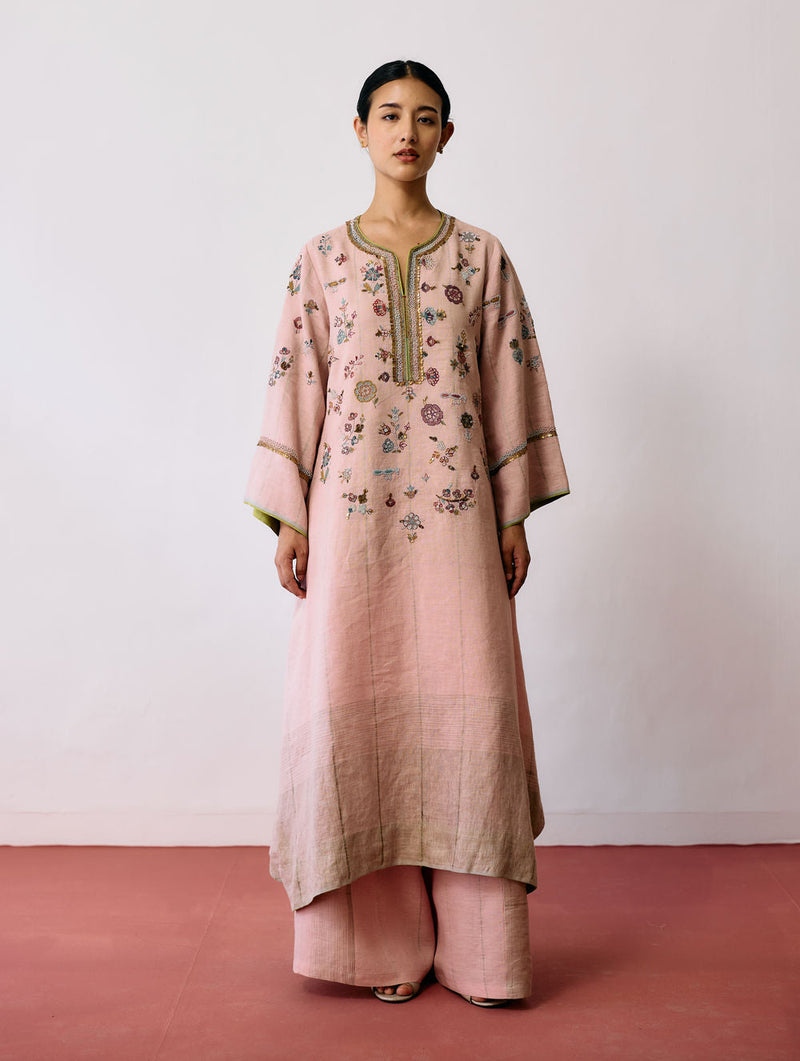 Ura Hand-Embroidered Metallic Linen Kurta Set-Pink linen kurta/kurta set by Manan in pink for women in Singapore