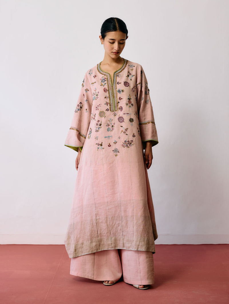 Ura Hand-Embroidered Metallic Linen Kurta Set-Pink linen kurta/kurta set by Manan in pink for women in Singapore