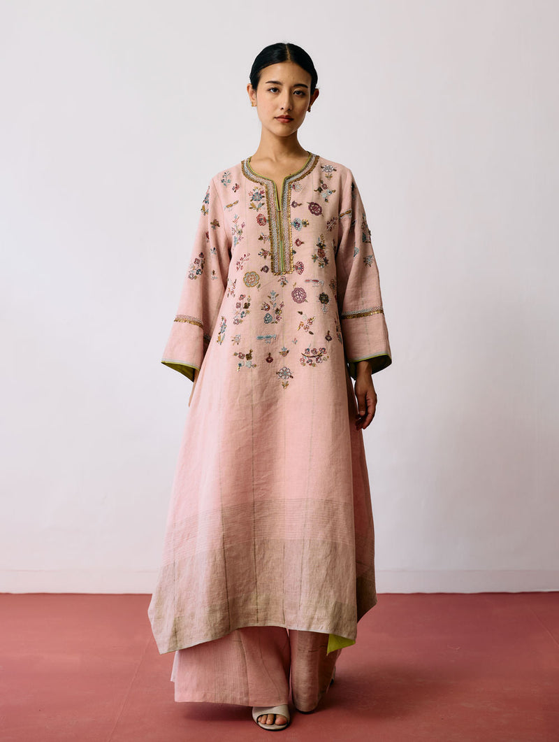 Ura Hand-Embroidered Metallic Linen Kurta Set-Pink linen kurta/kurta set by Manan in pink for women in Singapore