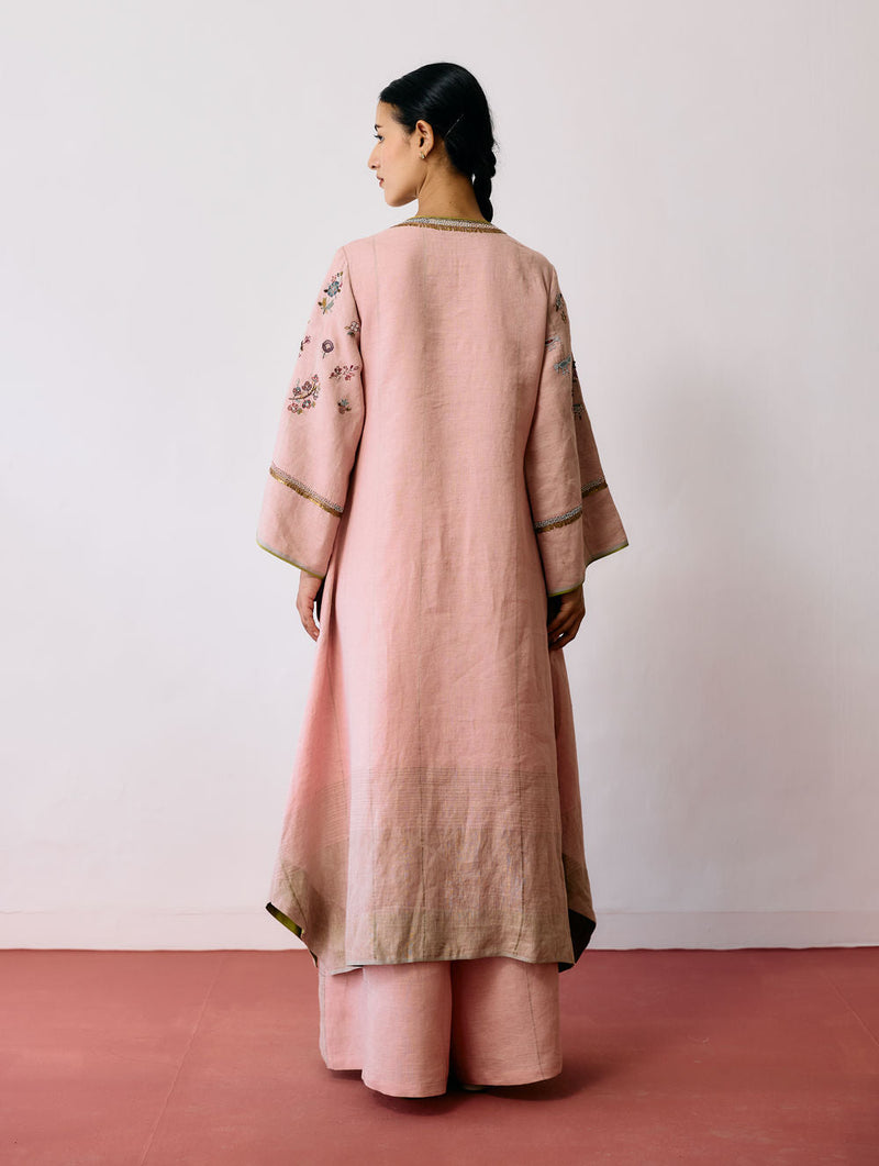 Ura Hand-Embroidered Metallic Linen Kurta Set-Pink linen kurta/kurta set by Manan in pink for women in Singapore