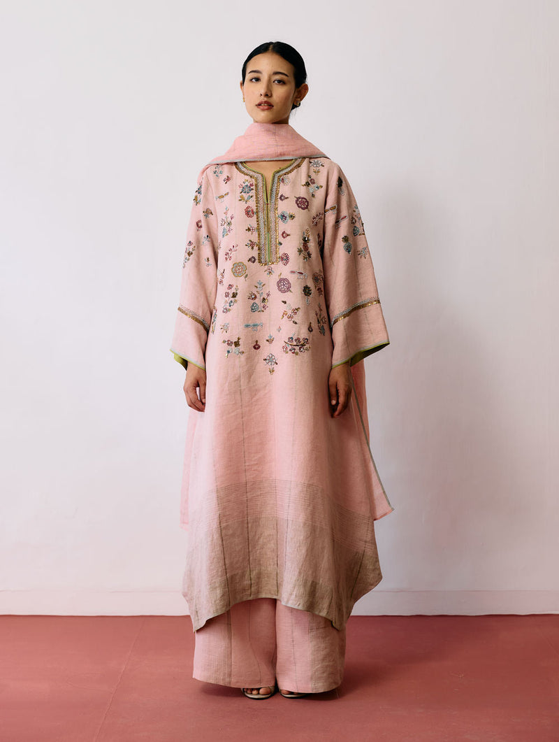 Ura Hand-Embroidered Metallic Linen Kurta-Pink linen kurta/kurta set by Manan in pink for women in Singapore