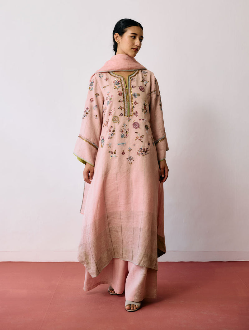 Ura Hand-Embroidered Metallic Linen Kurta Set-Pink linen kurta/kurta set by Manan in pink for women in Singapore