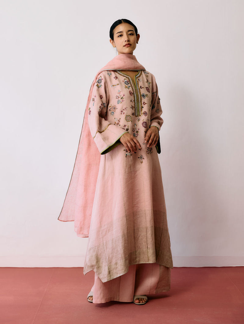 Ura Hand-Embroidered Metallic Linen Kurta Set-Pink linen kurta/kurta set by Manan in pink for women in Singapore