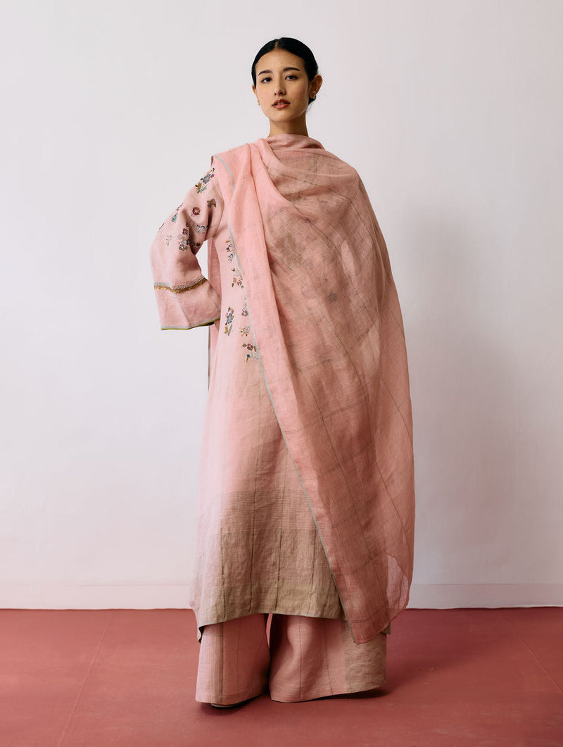 Sava Linen Metallic-Check Dupatta-Pink linen dupatta by Manan in pink for women in Singapore