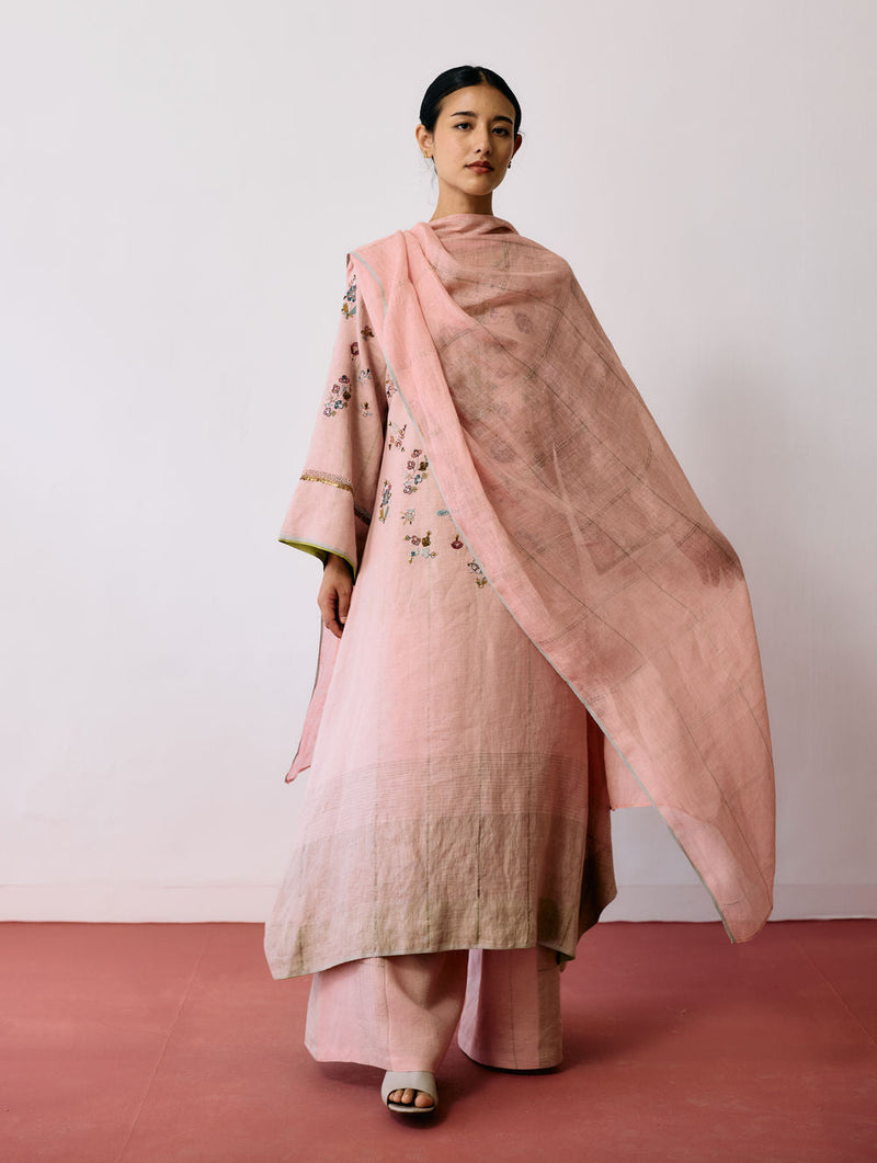 Ura Hand-Embroidered Metallic Linen Kurta Set-Pink linen kurta/kurta set by Manan in pink for women in Singapore