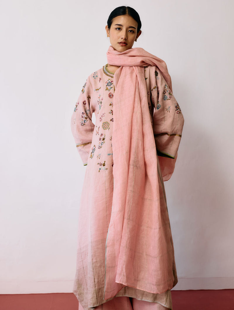 Ura Hand-Embroidered Metallic Linen Kurta Set-Pink linen kurta/kurta set by Manan in pink for women in Singapore