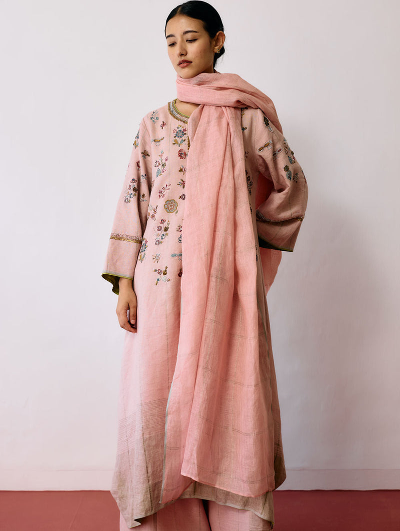 Sava Linen Metallic-Check Dupatta-Pink linen dupatta by Manan in pink for women in Singapore